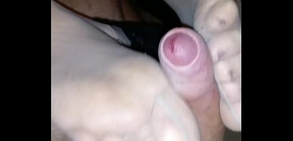  homemade footjob with nude pantyhose under leggings and cumshot